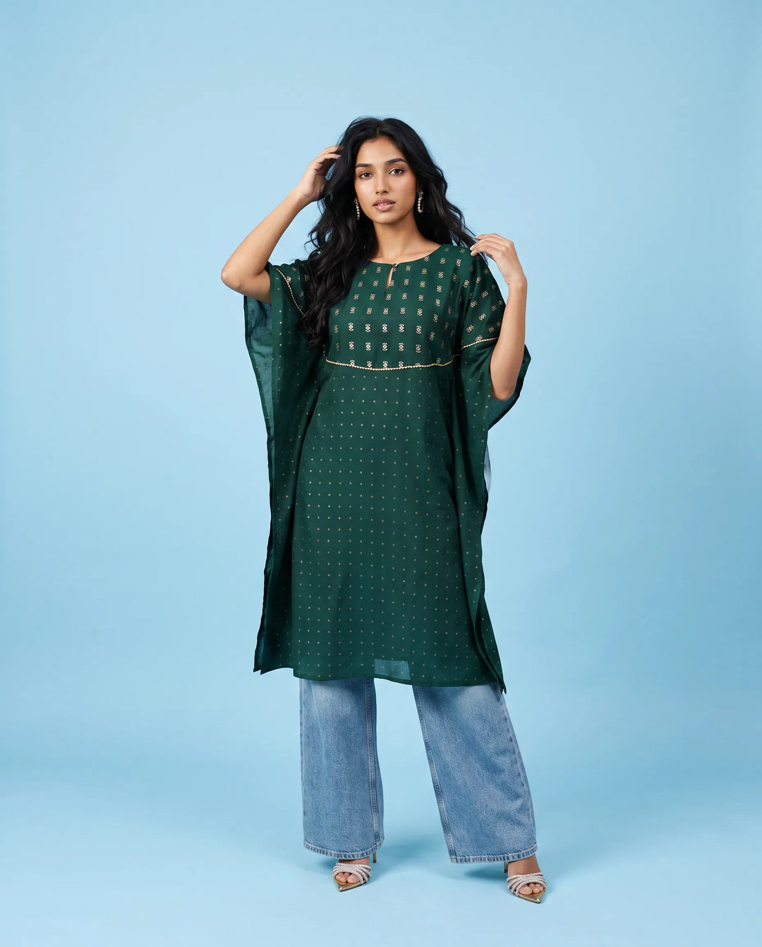Green Printed Viscose Blended Kaftan