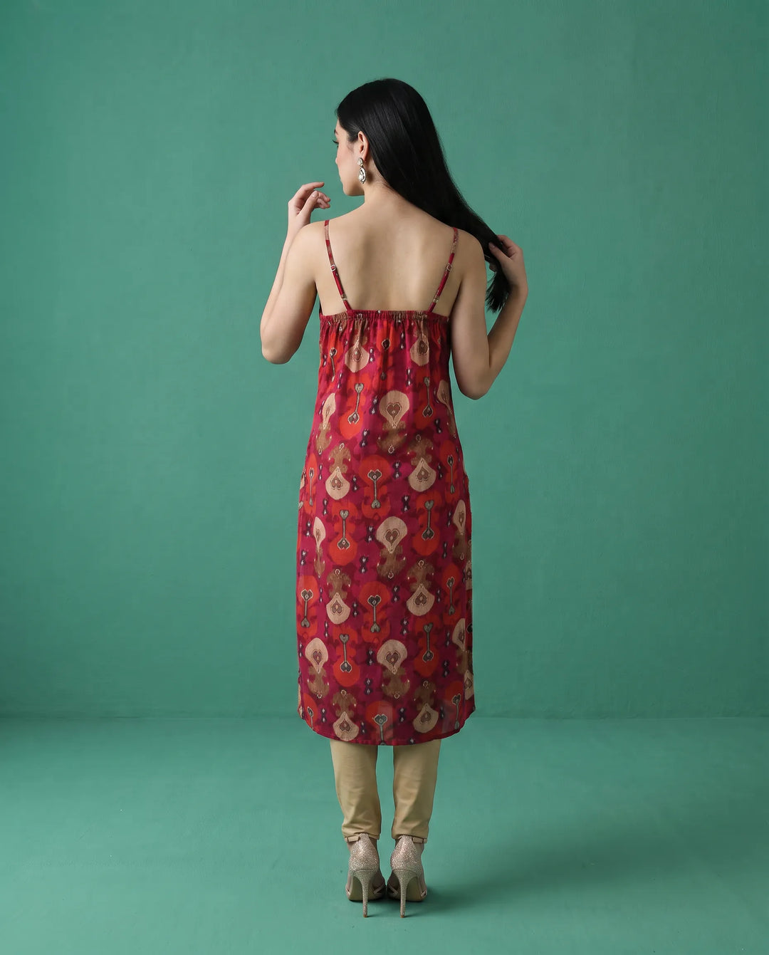 Pink Printed Viscose Blended Spaghetti Strap Straight Cut Long Kurta