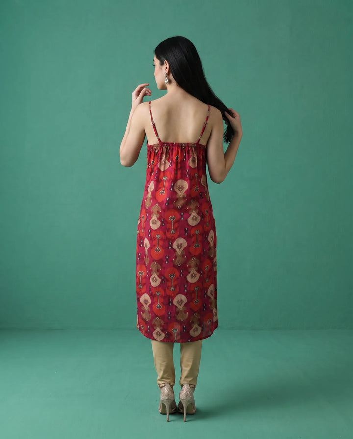 Pink Printed Viscose Blended Spaghetti Strap Straight Cut Long Kurta