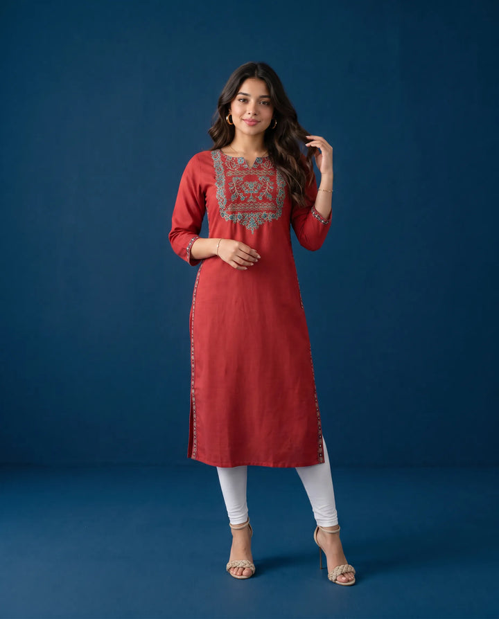 Maroon Embroidered Viscose Blended Straight cut Long Kurta