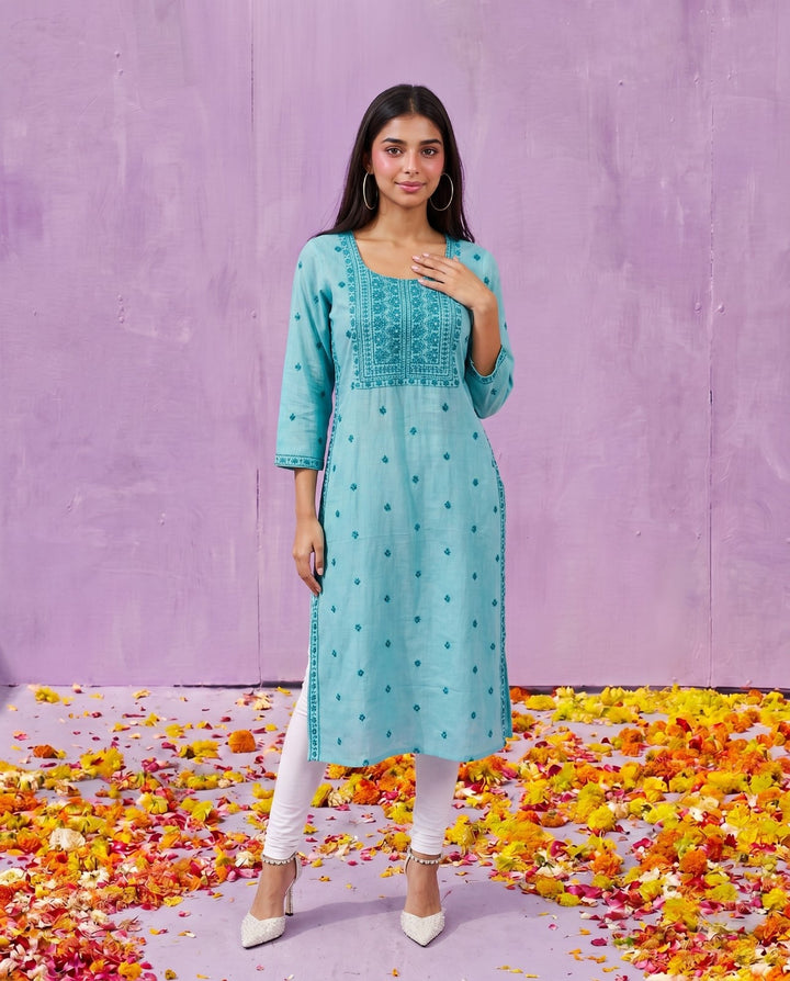 Sky Blue Embroidered Viscose Blended Straight cut Long Kurta