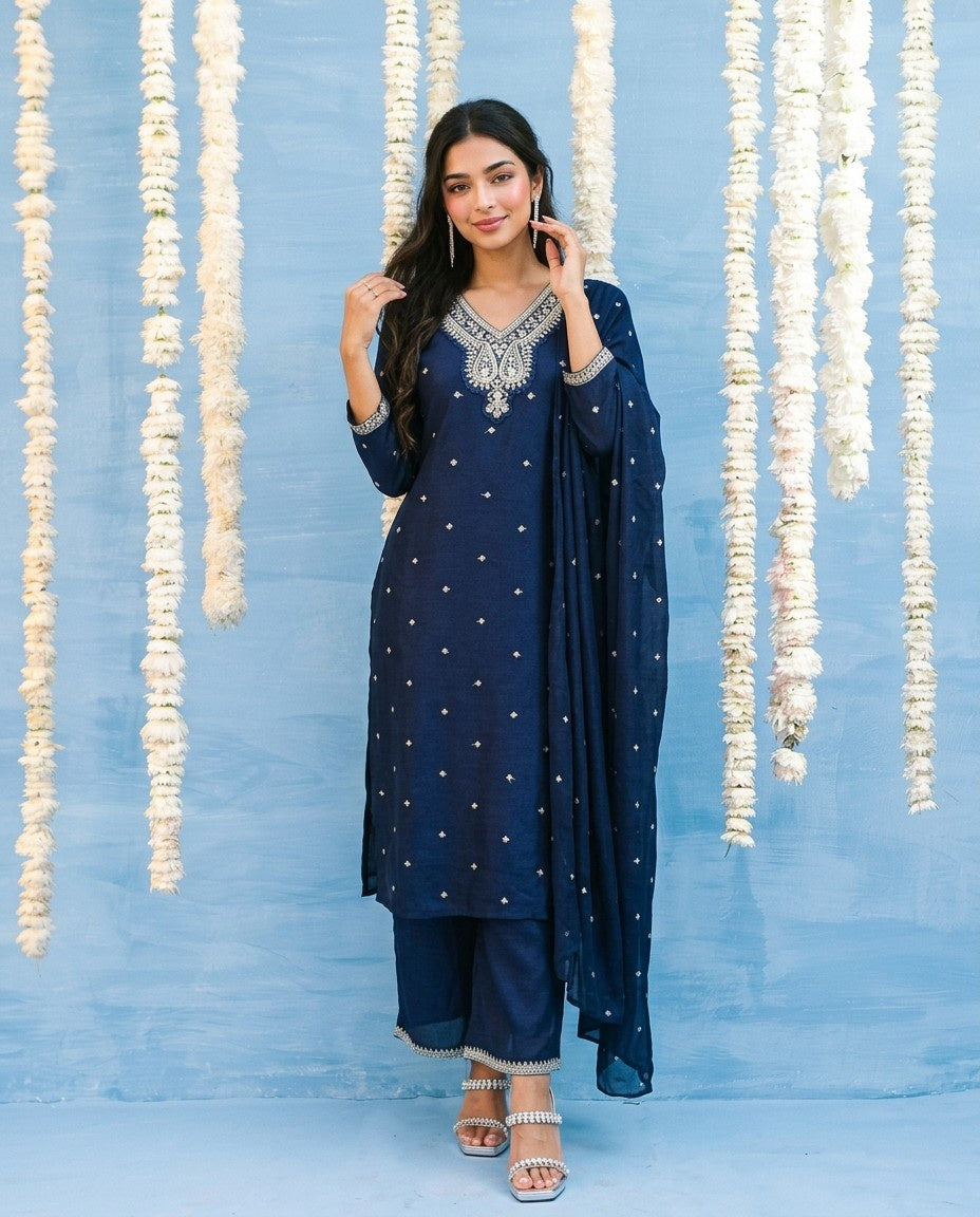 Navy Embriodered Silk Blended Kurta Bottom Dupatta Set