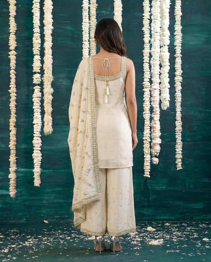 White Embriodered Silk Blended Sleeveless Kurta Bottom Dupatta Set