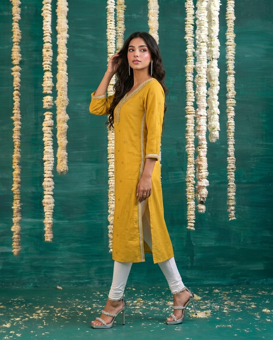 Mustard Embroidered Viscose Blended Straight cut Long Kurta