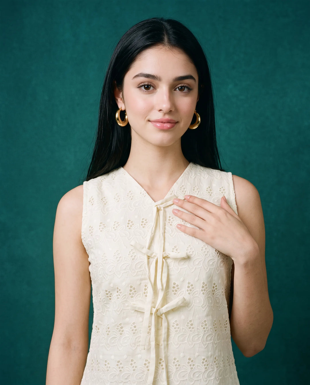 Cream Embroidered Korean Style Cotton Midi Dress