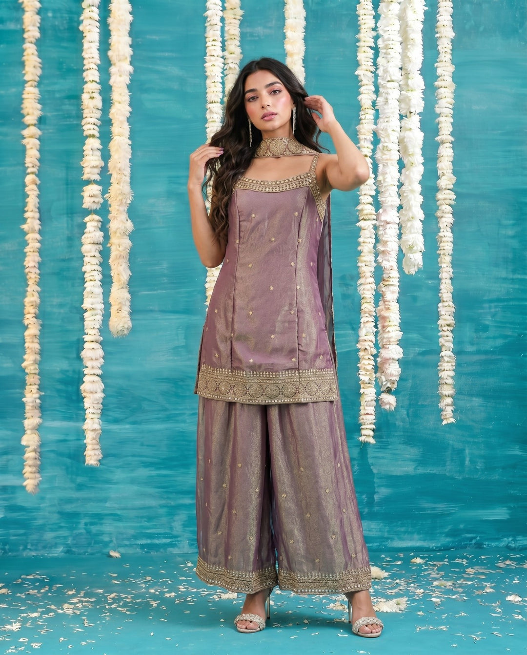 Purple Embriodered Silk Blended Spaghetti Strap Kurta Bottom Dupatta Set