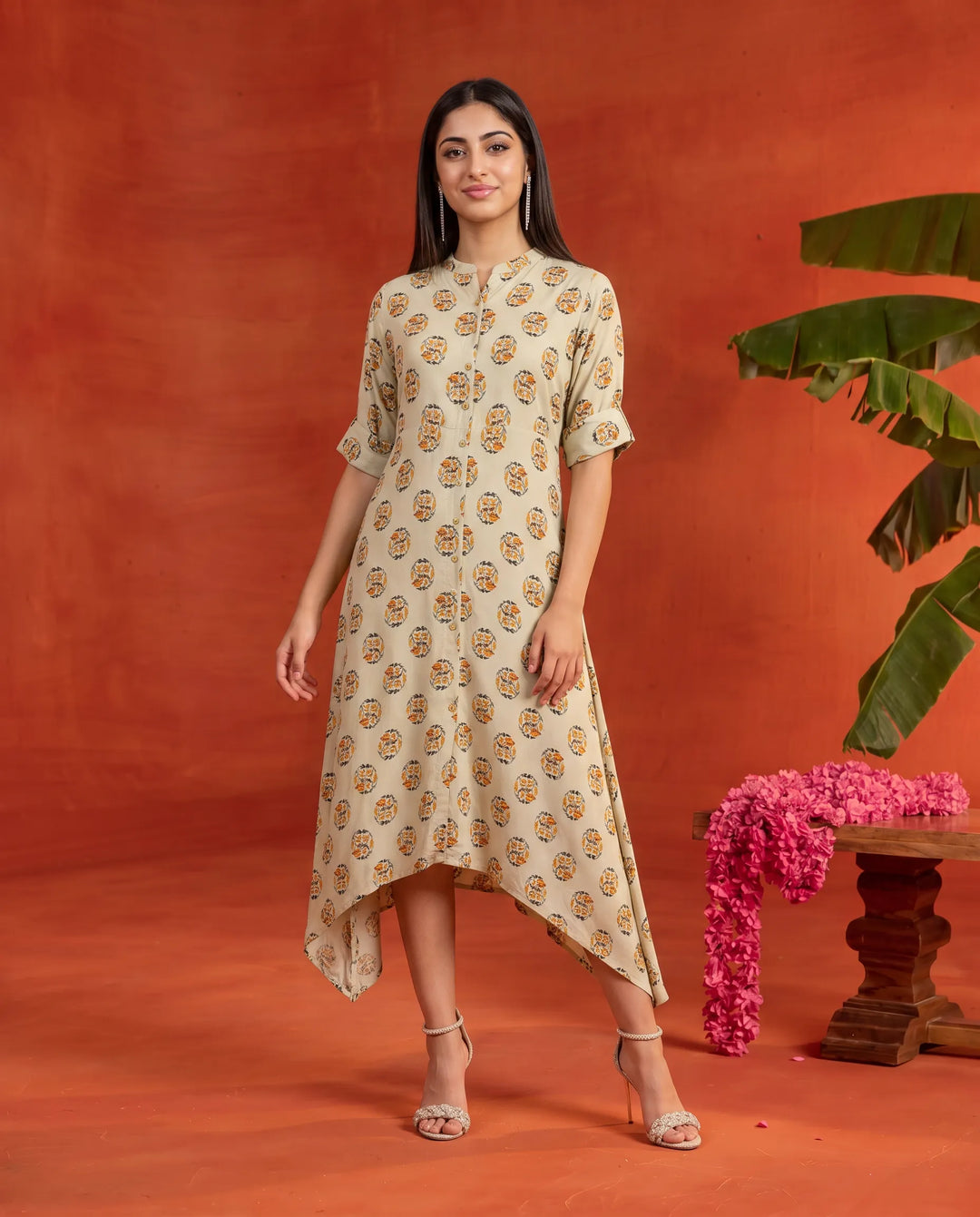 Beige Printed Rayon Maxi Dress
