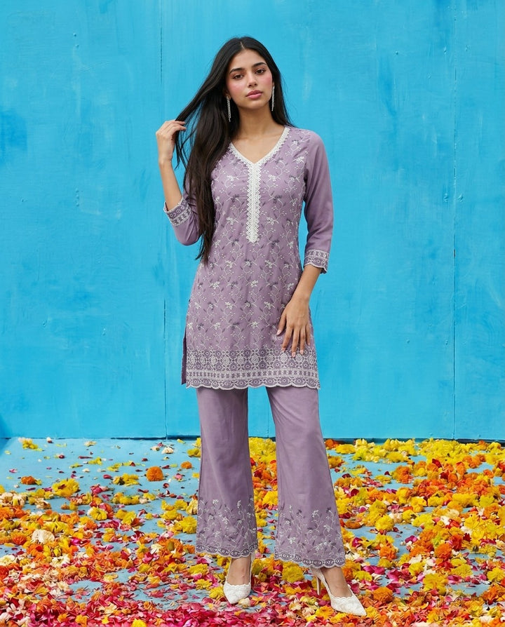 Purple Embriodered Cotton Satin Co-Ord Set