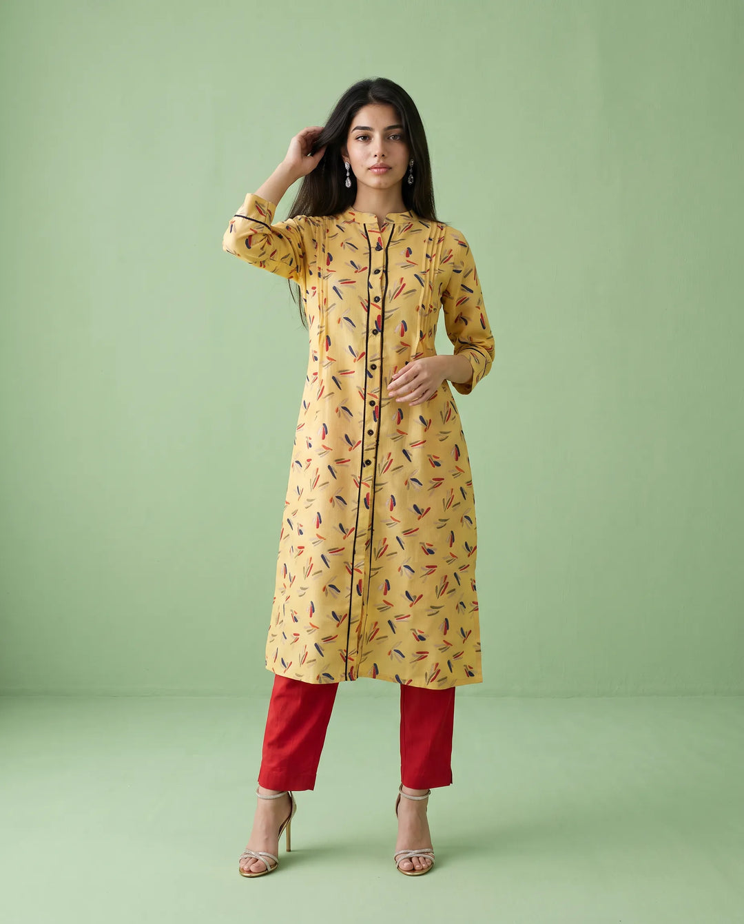 Yellow Printed Cotton Straight cut Long Kurta