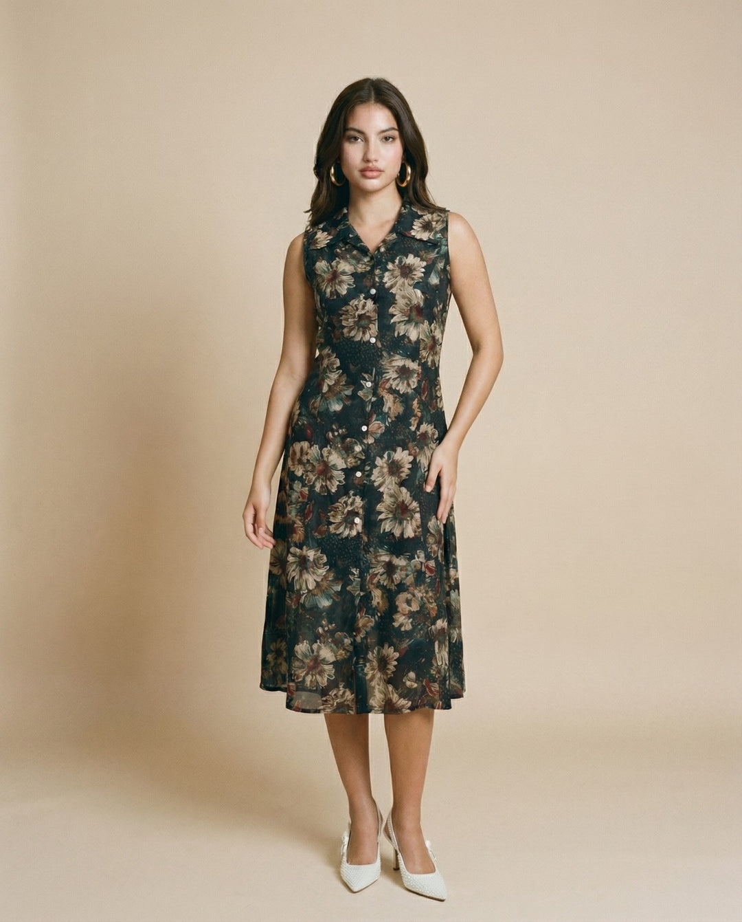 Forest Green Printed Viscose Blended Midi Dress