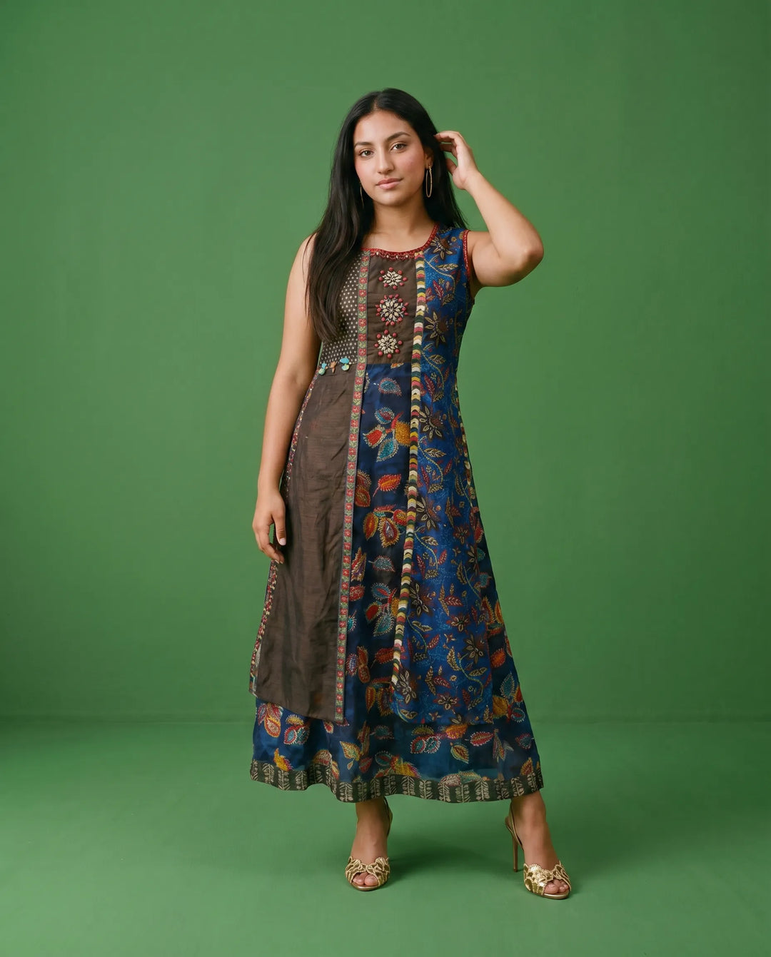 Navy Embriodered Viscose Blended Sleeveless Maxi Dress