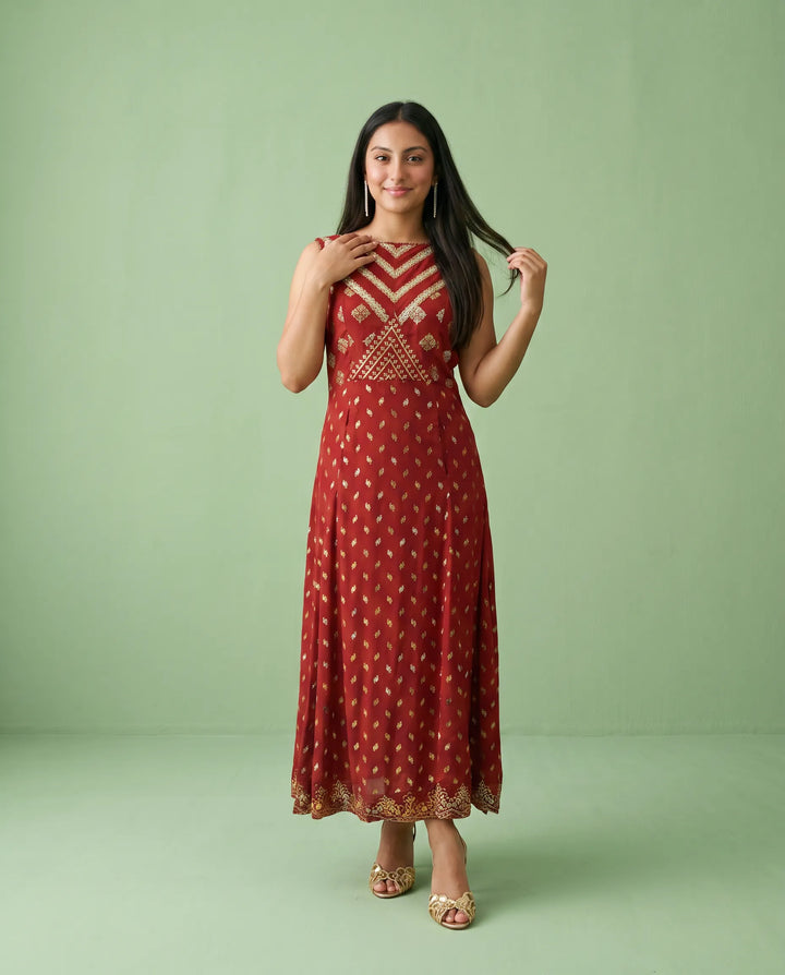 Maroon Printed Rayon Sleeveless Maxi Dress