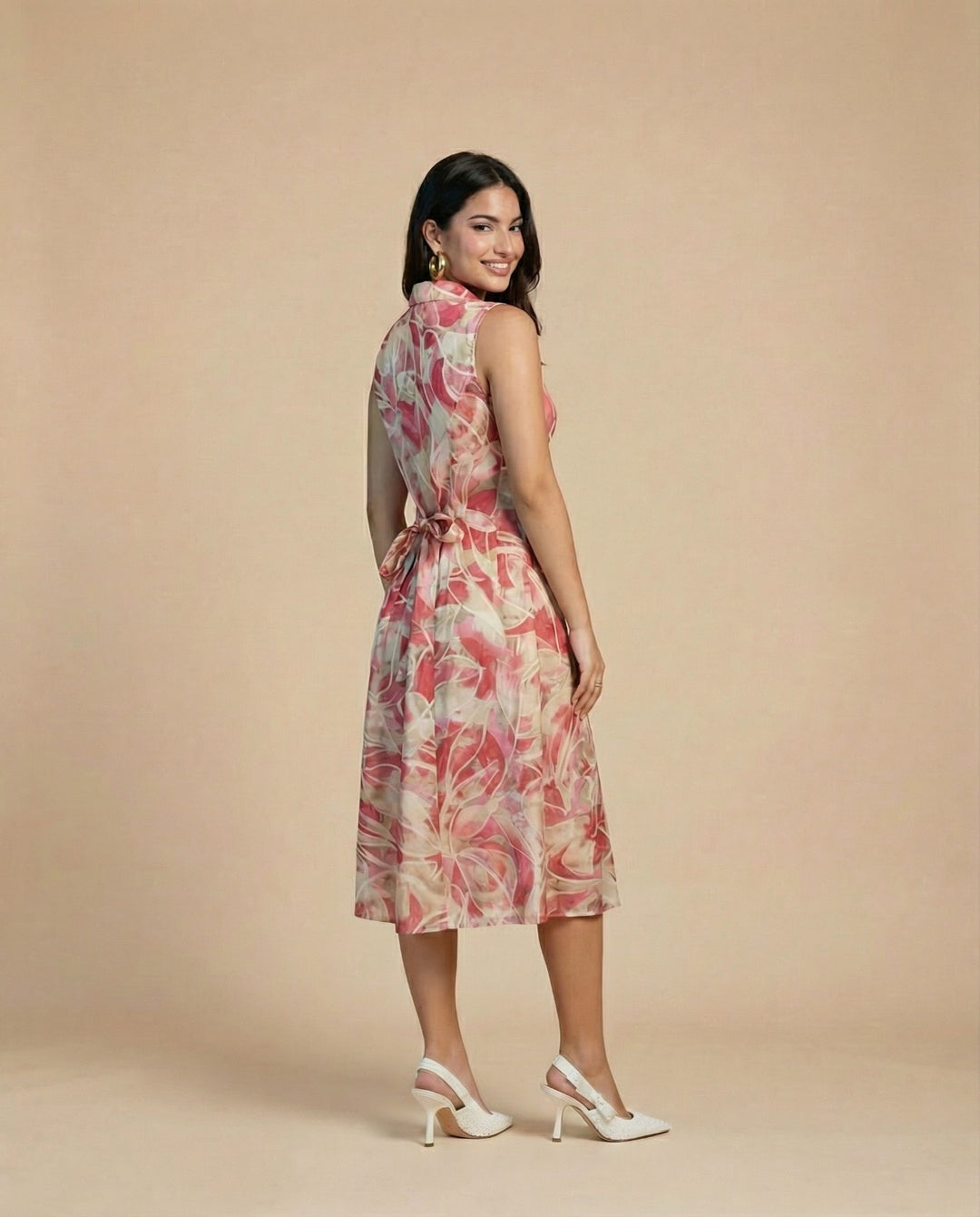 Peach Printed Viscose Blended Midi Dress