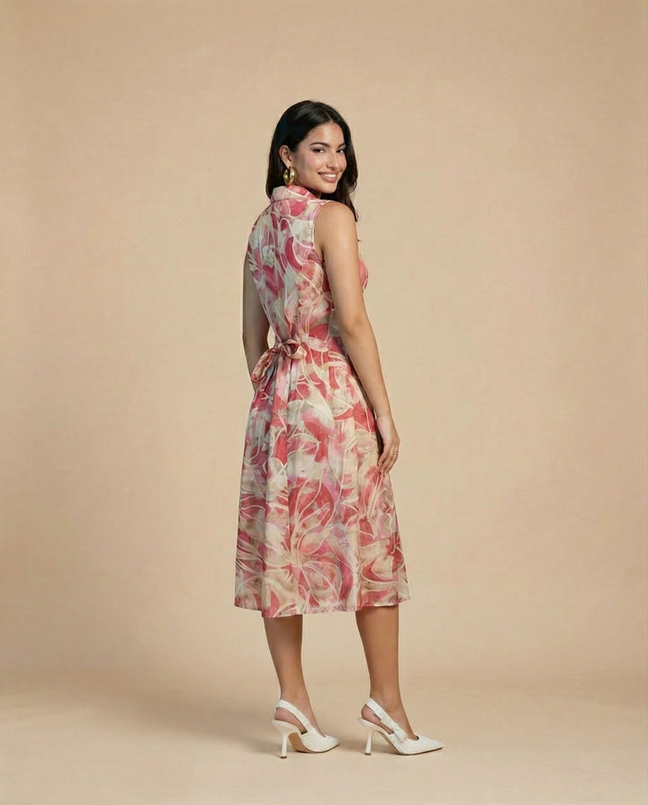 Peach Printed Viscose Blended Midi Dress