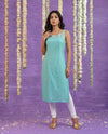 Turquoise Embroidered Viscose Blended Sleeveless Straight cut Long Kurta