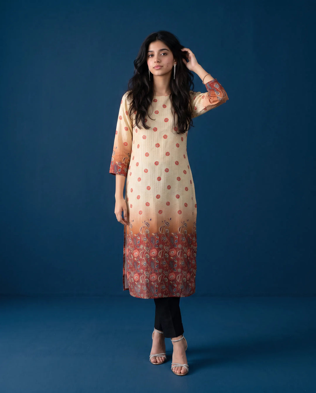 Beige Printed Viscose Blended Straight Cut Long Kurta