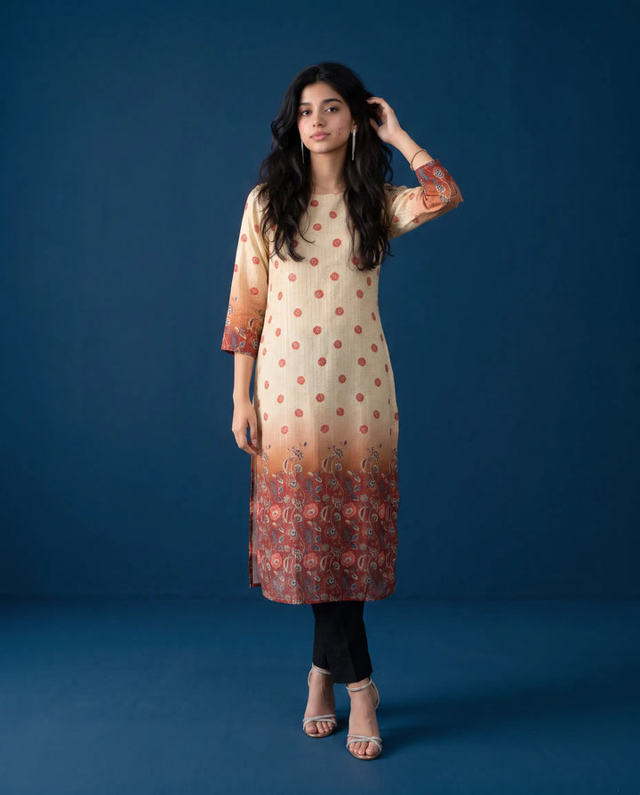 Beige Printed Viscose Blended Straight Cut Long Kurta