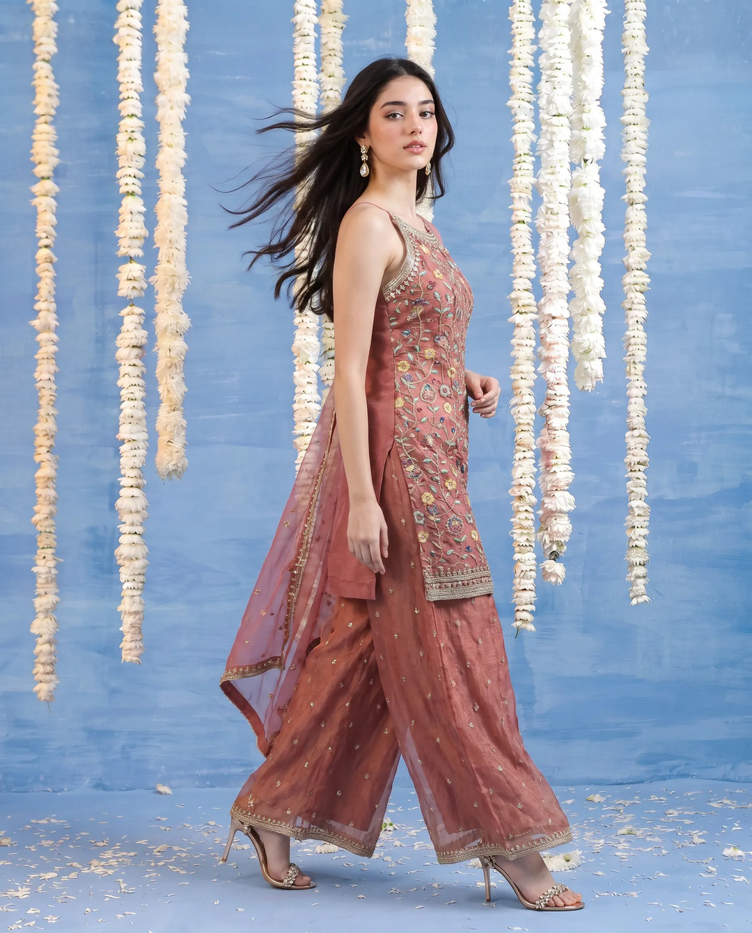Pink Embroidered Silk Blended Spaghetti Strap Kurta Bottom Dupatta Set