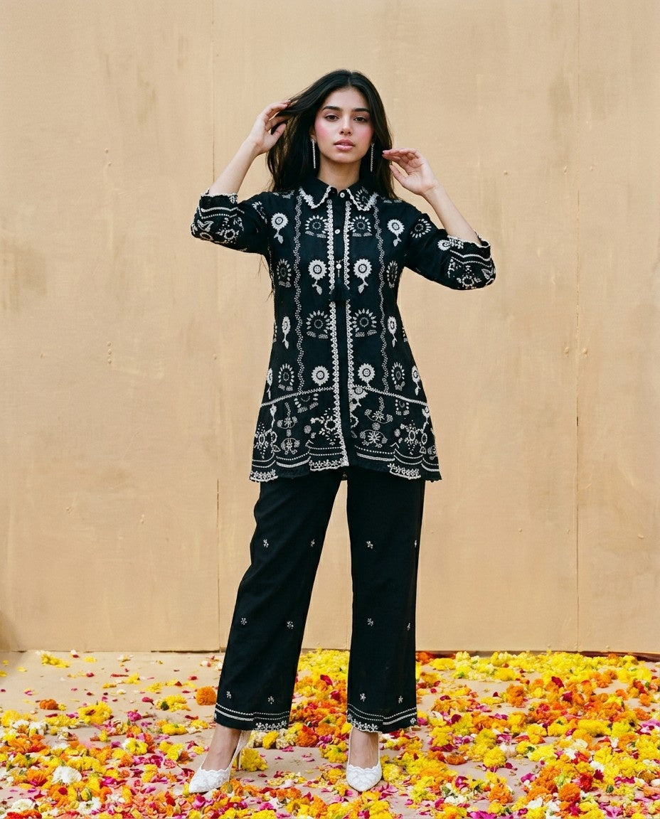 Black Embroidered Cotton Satin Co-Ord Set