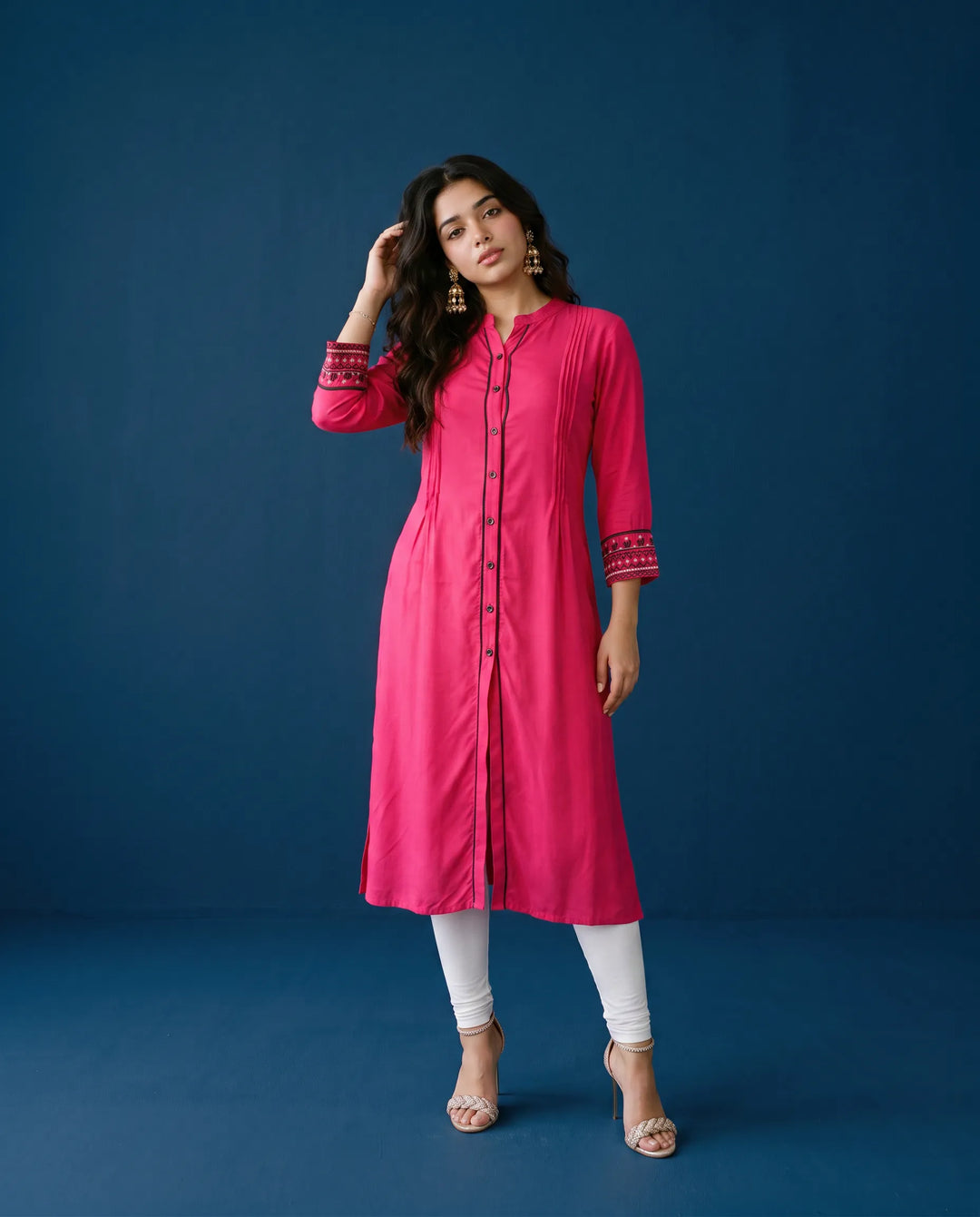 Pink Embroidered Rayon Straight cut Long Kurta