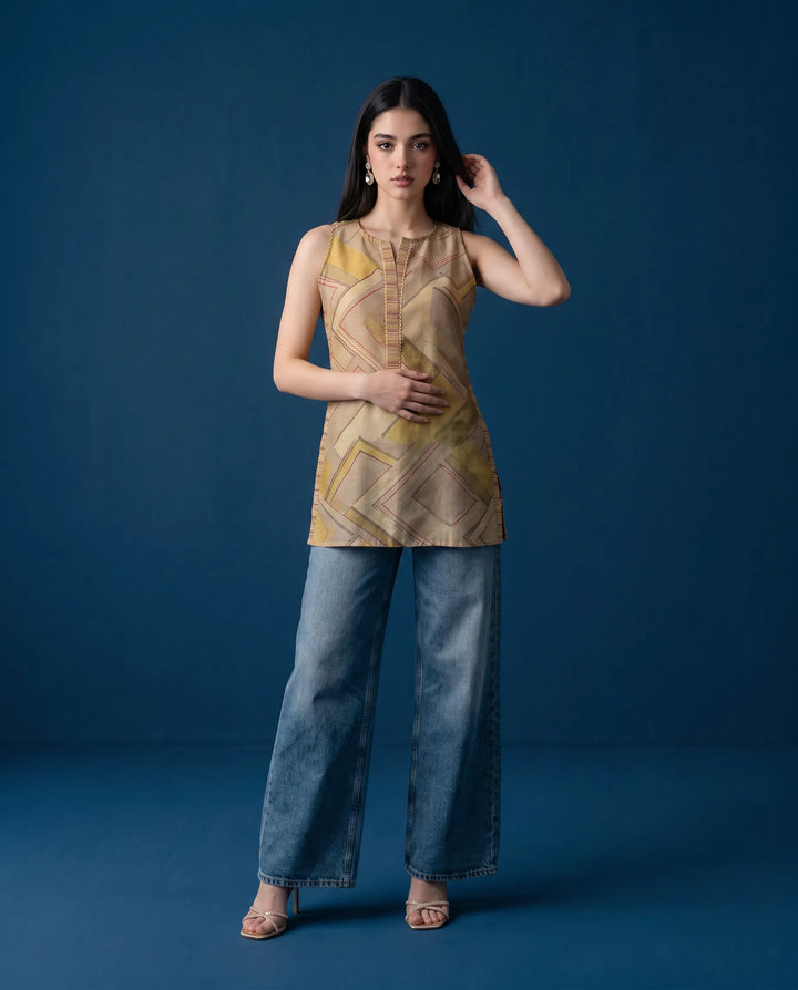 Beige Printed Cotton Blended Sleeveless Short Kurti