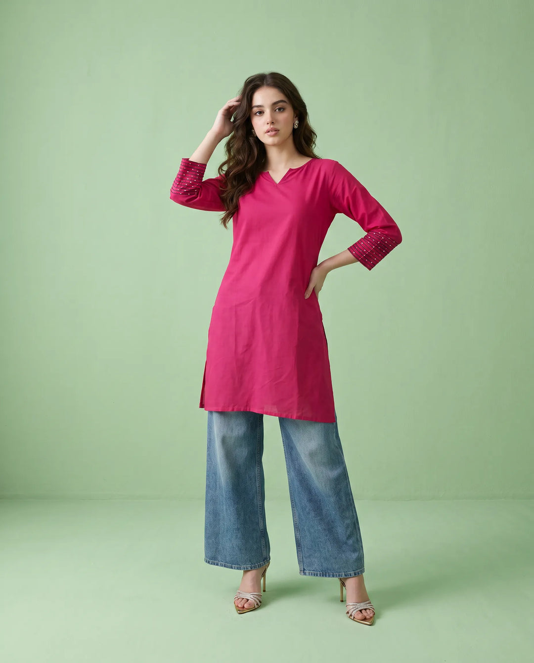 Magenta Embroidered Cotton Short Kurti