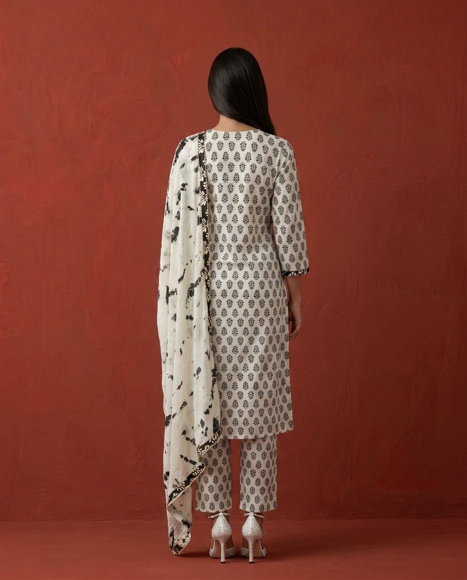 White Printed Cotton Kurta Bottom Dupatta Set