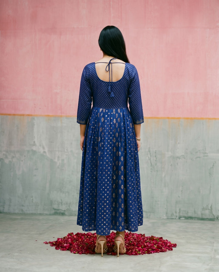 Navy Printed Mal Cotton Foil Printed Maxi Dress