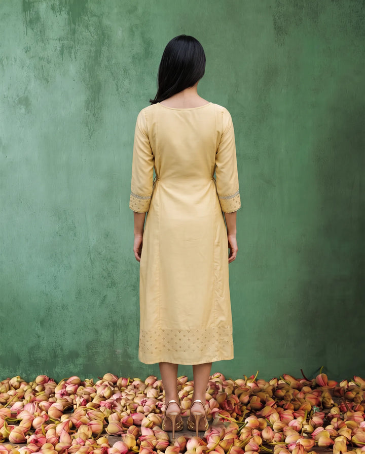 Yellow Embriodered Silk Blended Maxi Dress