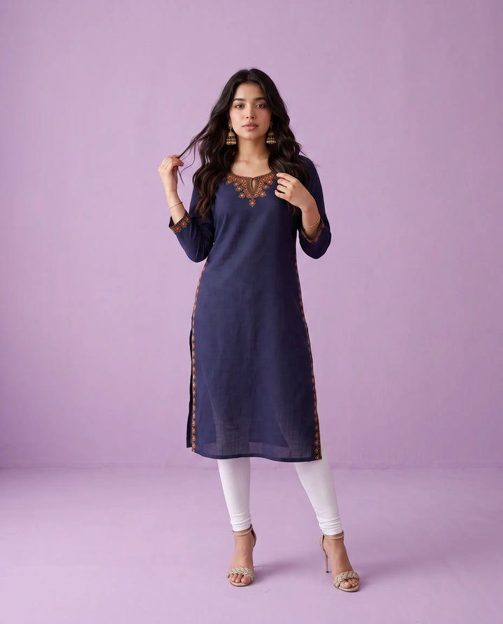 Navy Embroidered Rayon Straight cut Long Kurta