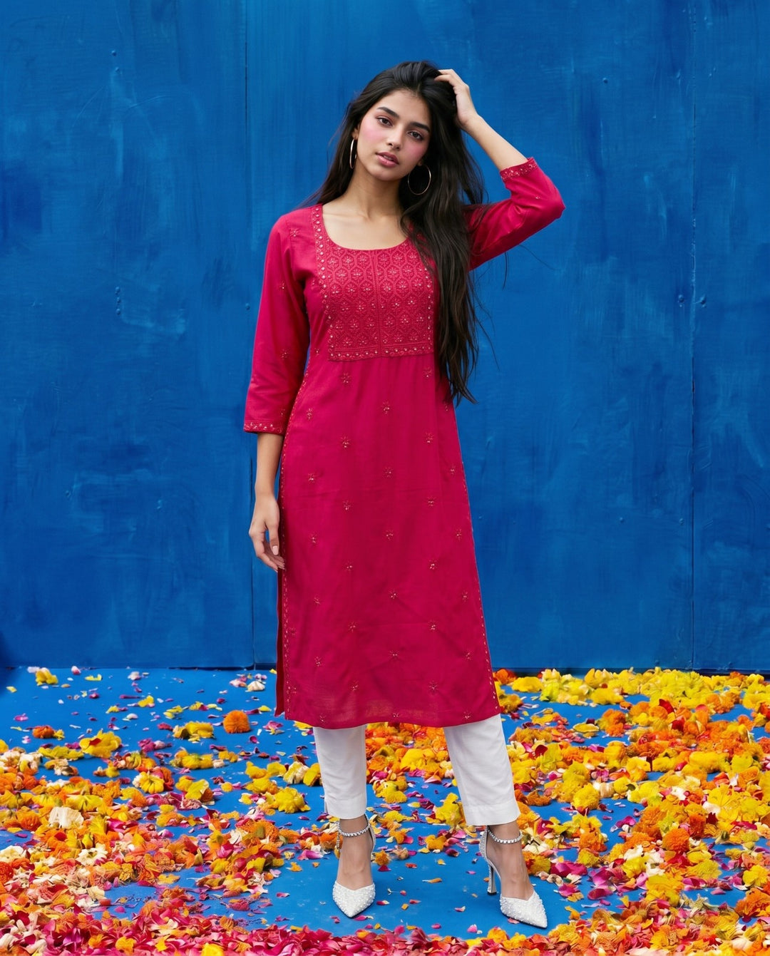 Magenta Embroidered Viscose Blended Straight cut Long Kurta