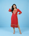 Red Embroidered Viscose Blended Straight cut Long Kurta