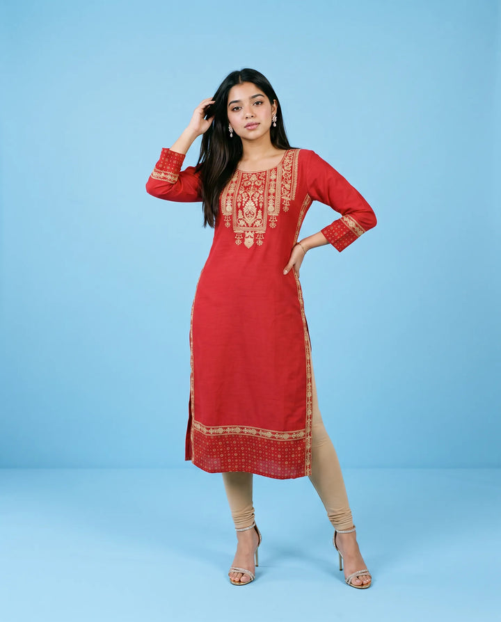 Red Embroidered Viscose Blended Straight cut Long Kurta