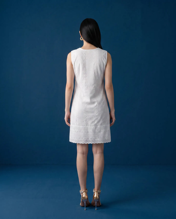White Embroidered Korean Style Cotton Midi Dress