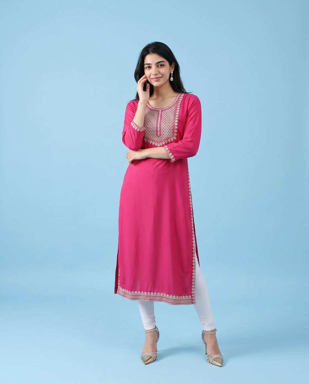 Pink Embroidered Rayon Straight cut Long Kurta