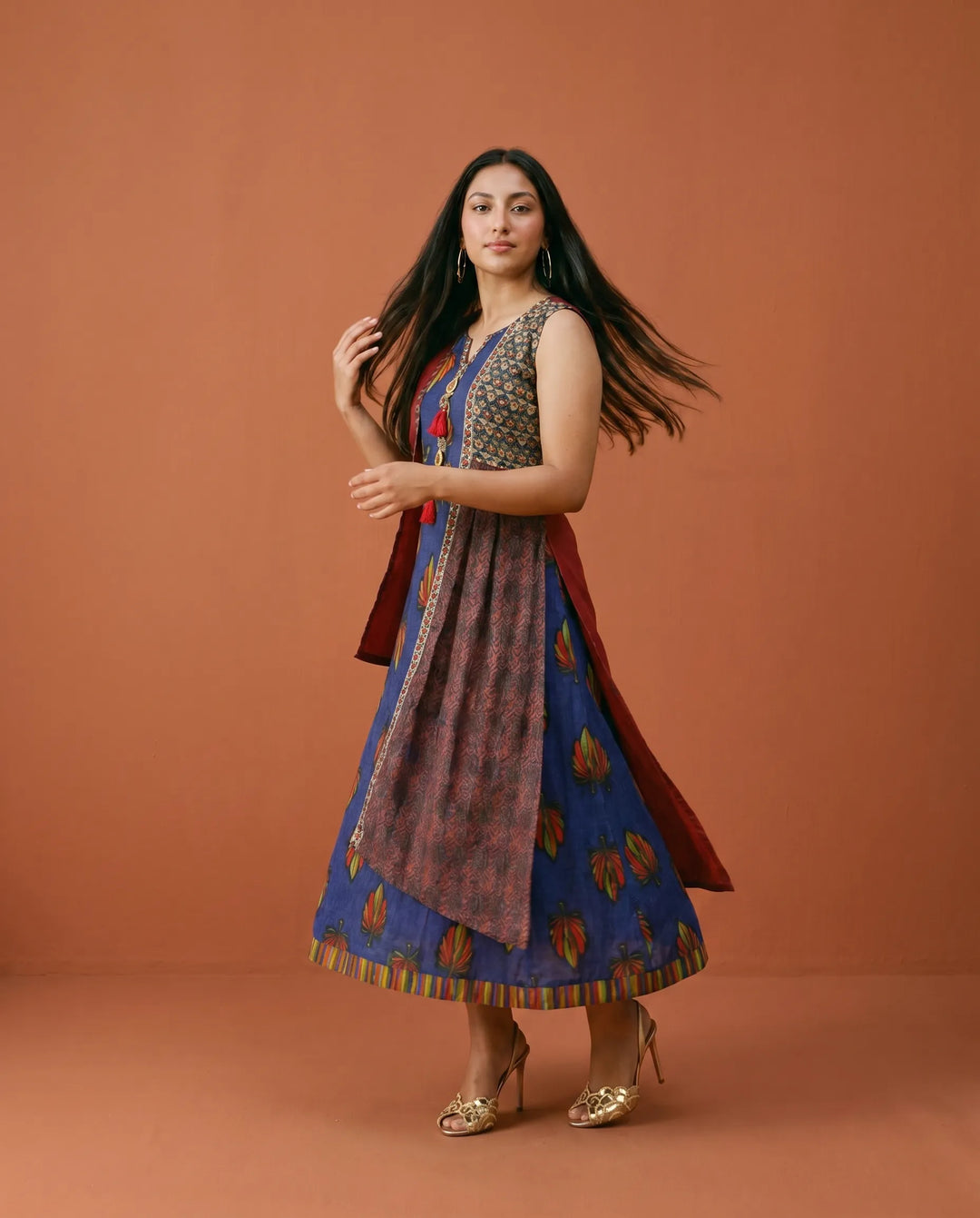 Navy Printed Rayon Sleeveless Maxi Dress
