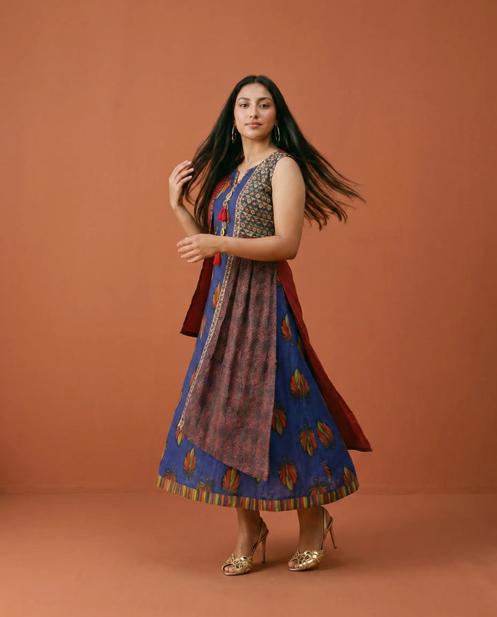 Navy Printed Rayon Sleeveless Maxi Dress