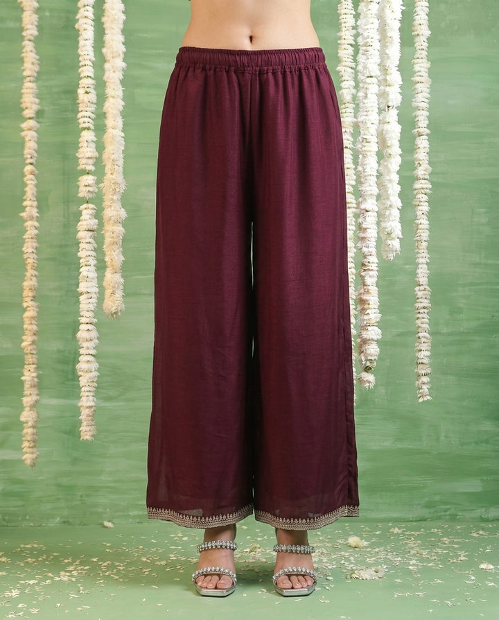 Wine Embriodered Silk Blended Kurta Bottom Dupatta Set