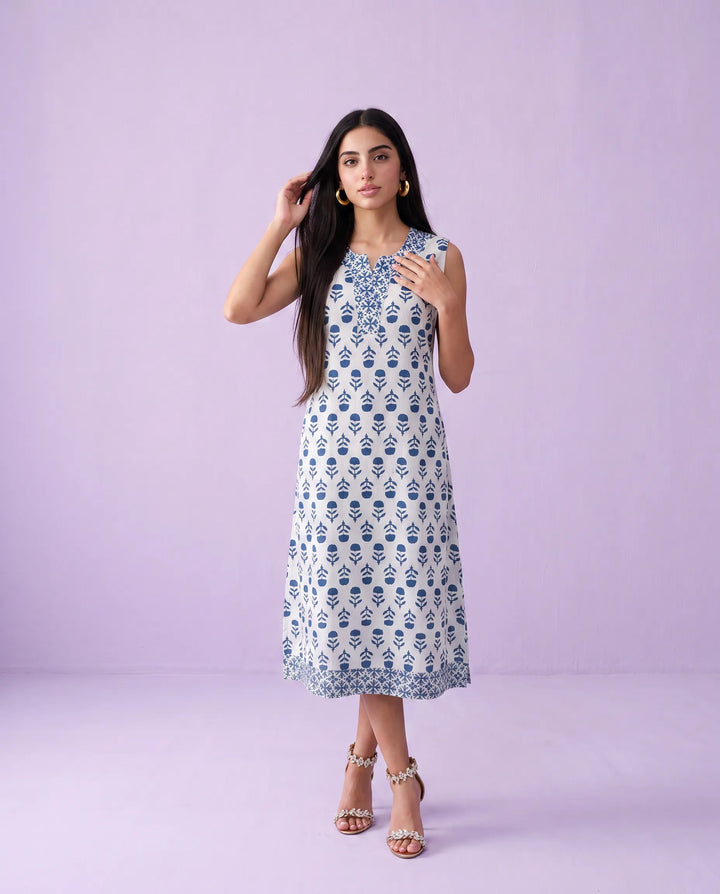 Blue Printed Pure Cotton Hand-Block Printed Midi Dress