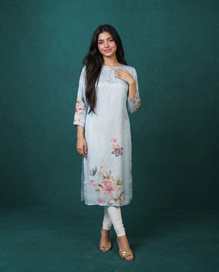 Grey Printed Crepe Silk Straight cut Long Kurta
