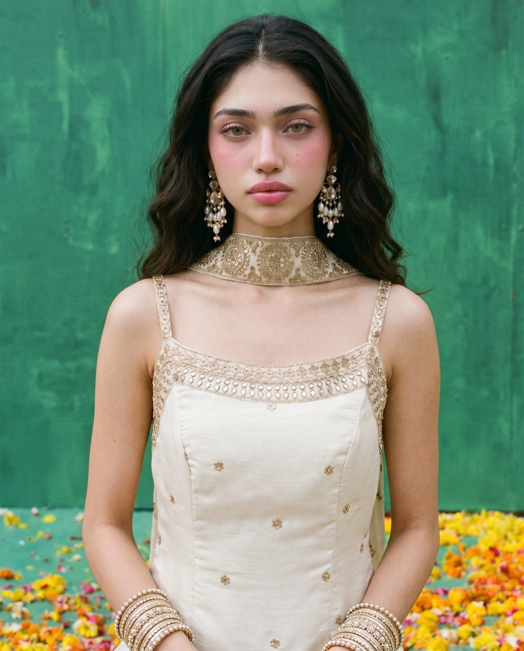 White Embriodered Silk Blended Spaghetti Strap Kurta Bottom Dupatta Set