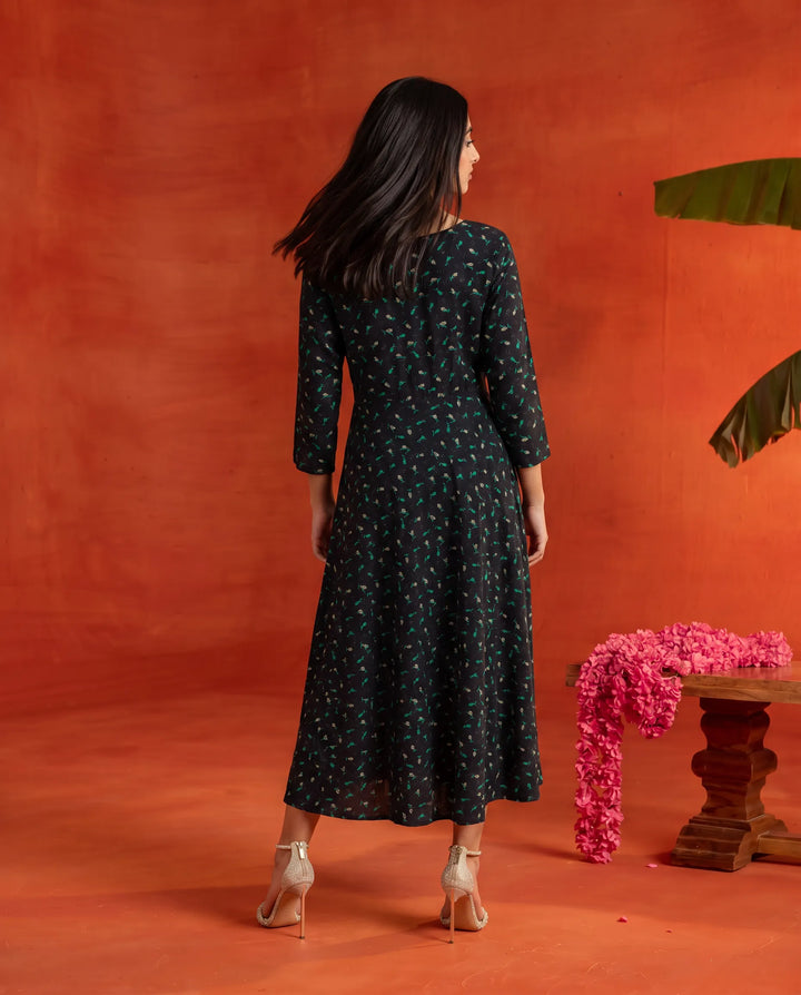 Black Printed Rayon Maxi Dress