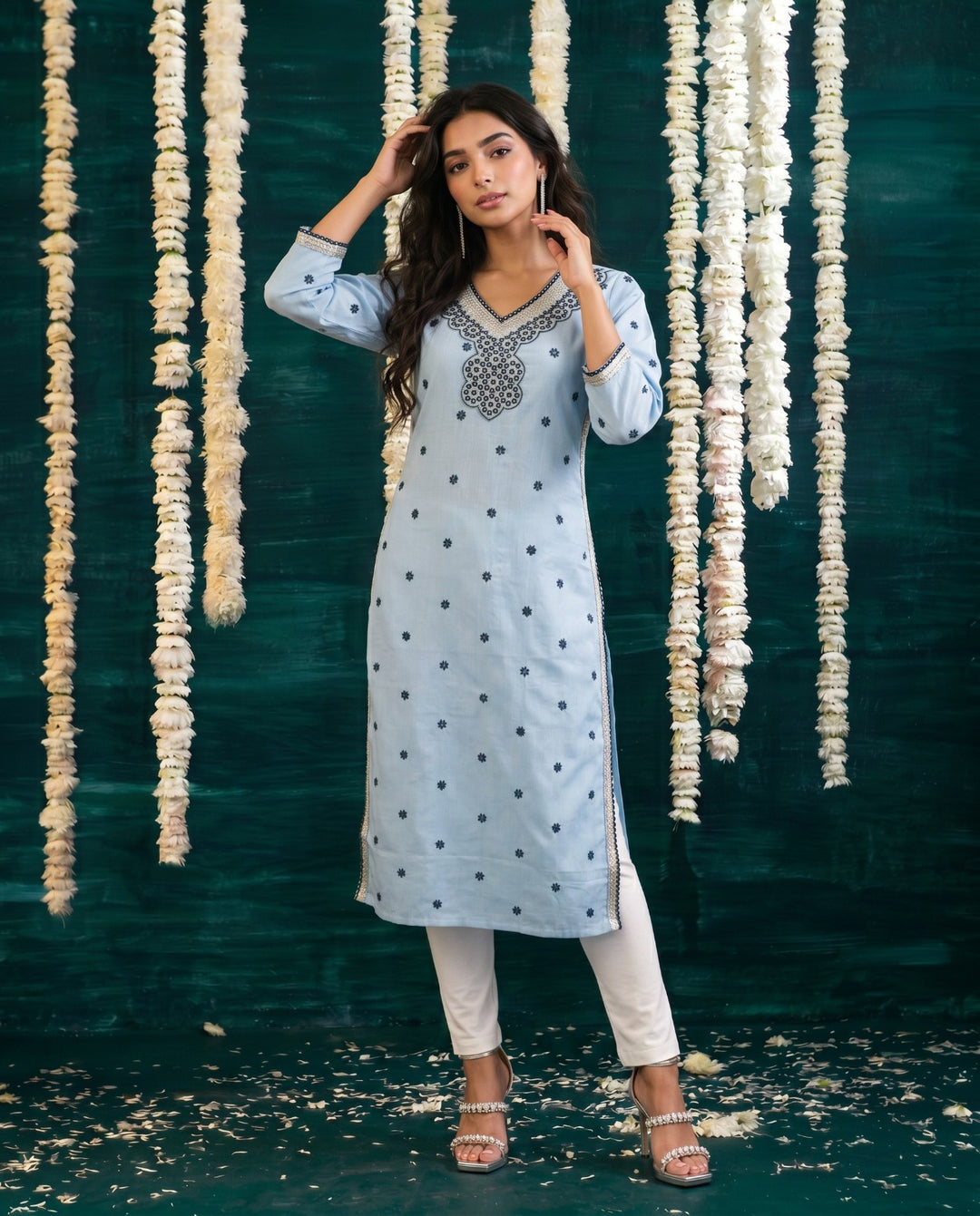 Blue Embroidered Viscose Blended Straight cut Long Kurta