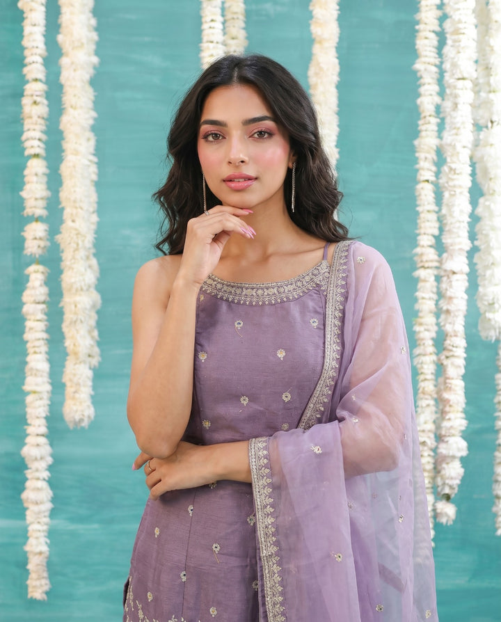 Purple Embriodered Silk Blended Spaghetti Strap Kurta Bottom Dupatta Set