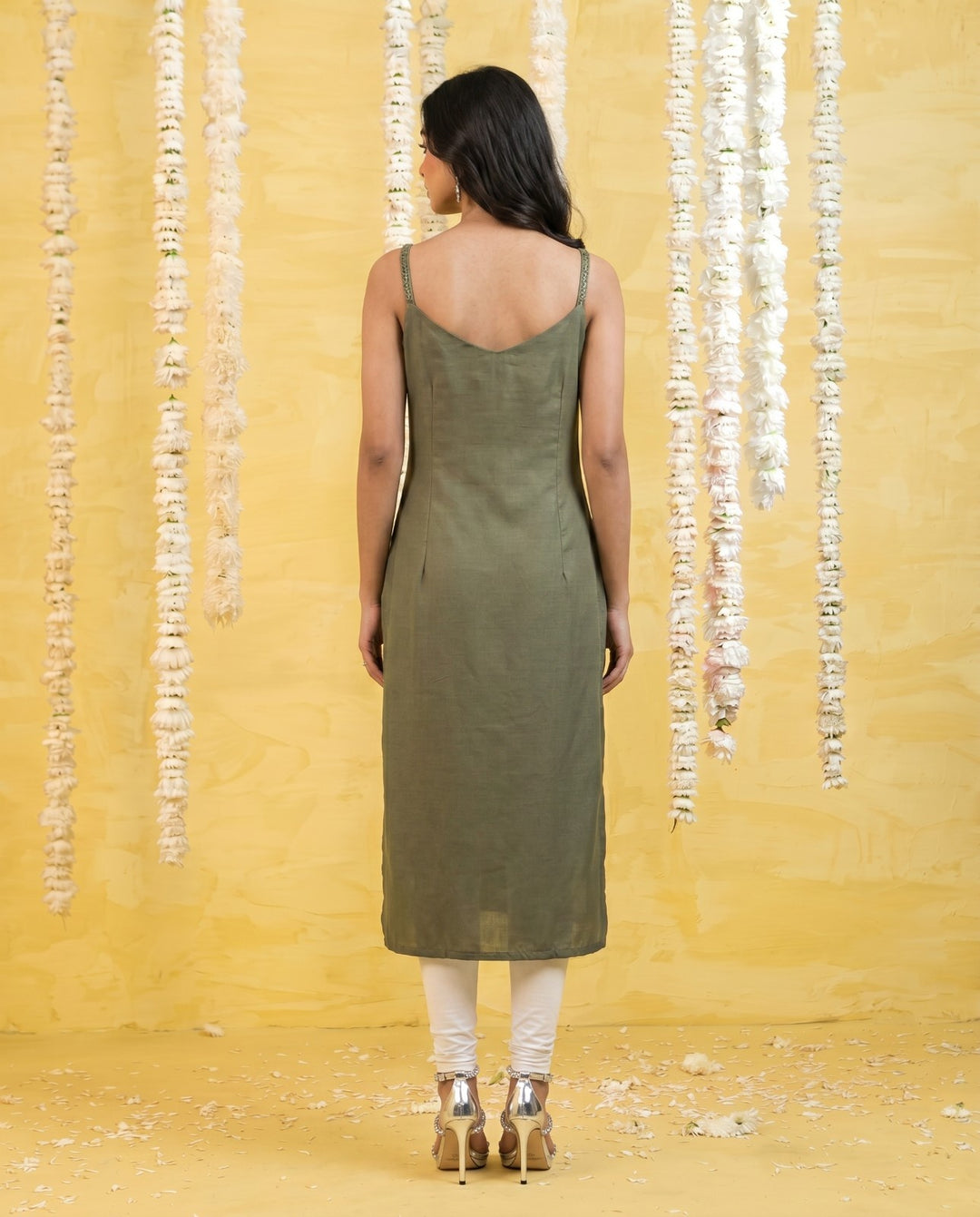 Olive Embroidered Viscose Blended Spaghetti Strap Straight Cut Long Kurta