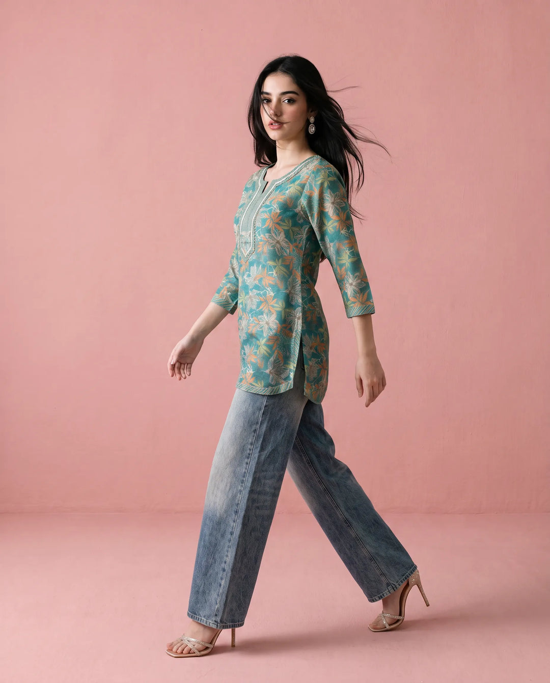 Turquoise Printed Cotton Blended Short Kurti
