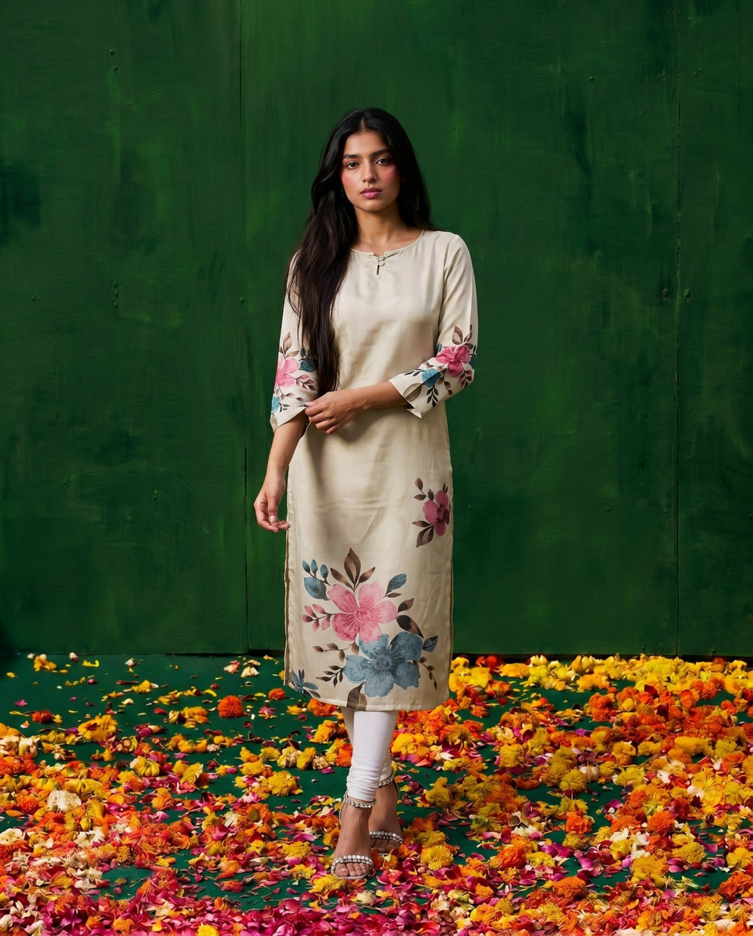 Multi Colour Printed Crepe Silk Straight cut Long Kurta