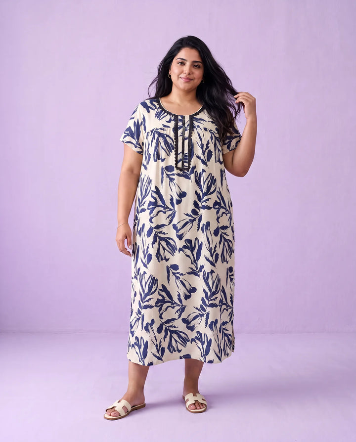 Navy Printed Super Soft Rayon Night Dress / Home Wear