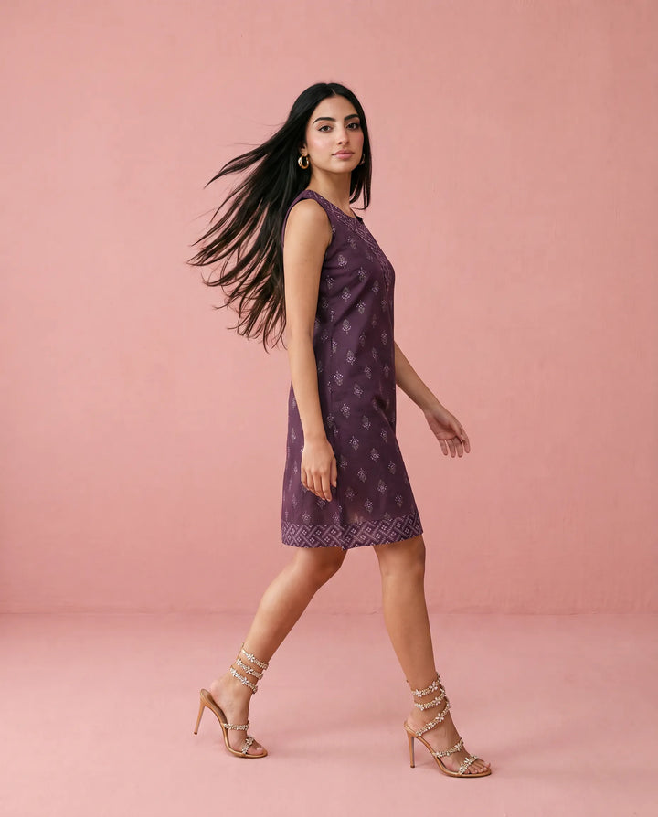Purple Printed Cotton Midi Dress