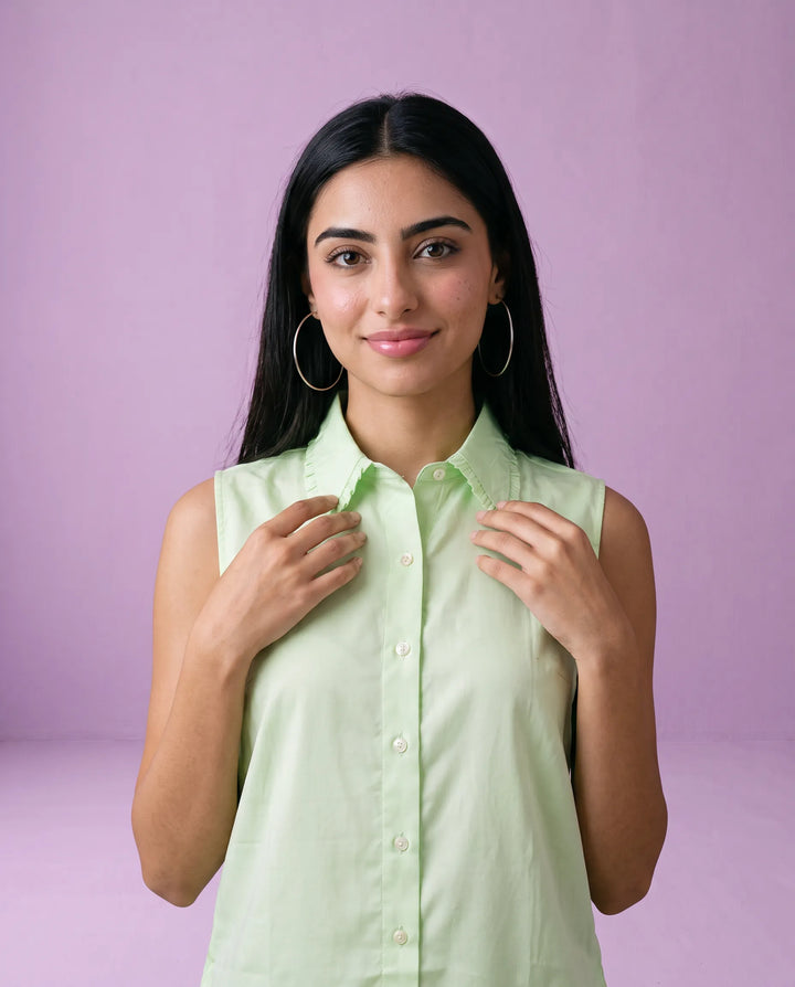 Sea Green Solid Cotton Satin Sleeveless Top